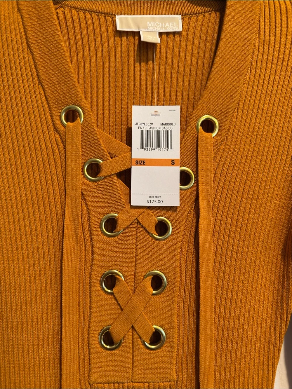 Michael Kors Ribbed Lace-Up Long Sleeve Dress - Mustard